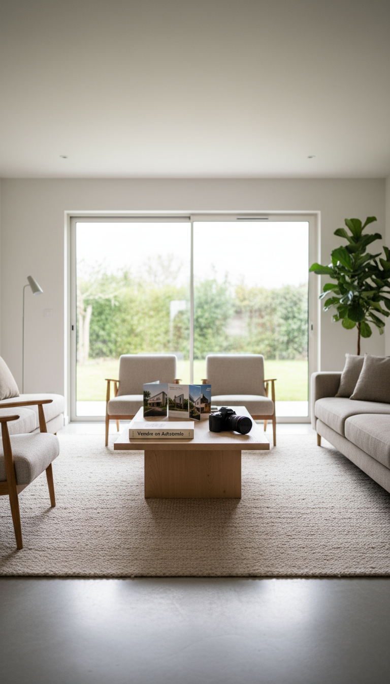 A light-filled, minimalist living room staged for real estate photography, highlighting perfectly arranged modern furniture in beige and taupe shades. Prominently displayed on a coffee table is a hardcover guidebook titled 'Vendre en Autonomie' in elegant Helvetica, surrounded by a pro DSLR camera and printed property brochures. Gentle overcast daylight streams in through expansive glass doors, producing soft highlights and muted shadows. Shot at eye-level with a deep focus that captures the room's crisp geometry and clean surfaces, the mood feels confident, trustworthy, and aspirational – embodying the promise of professional real estate coaching. The visual style is contemporary, photographic realism with a compositional emphasis on balance and clarity.