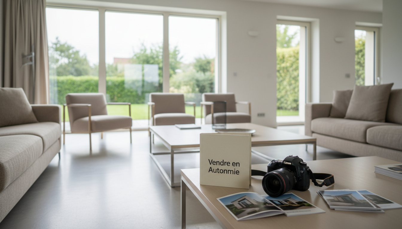 A light-filled, minimalist living room staged for real estate photography, highlighting perfectly arranged modern furniture in beige and taupe shades. Prominently displayed on a coffee table is a hardcover guidebook titled 'Vendre en Autonomie' in elegant Helvetica, surrounded by a pro DSLR camera and printed property brochures. Gentle overcast daylight streams in through expansive glass doors, producing soft highlights and muted shadows. Shot at eye-level with a deep focus that captures the room's crisp geometry and clean surfaces, the mood feels confident, trustworthy, and aspirational – embodying the promise of professional real estate coaching. The visual style is contemporary, photographic realism with a compositional emphasis on balance and clarity.