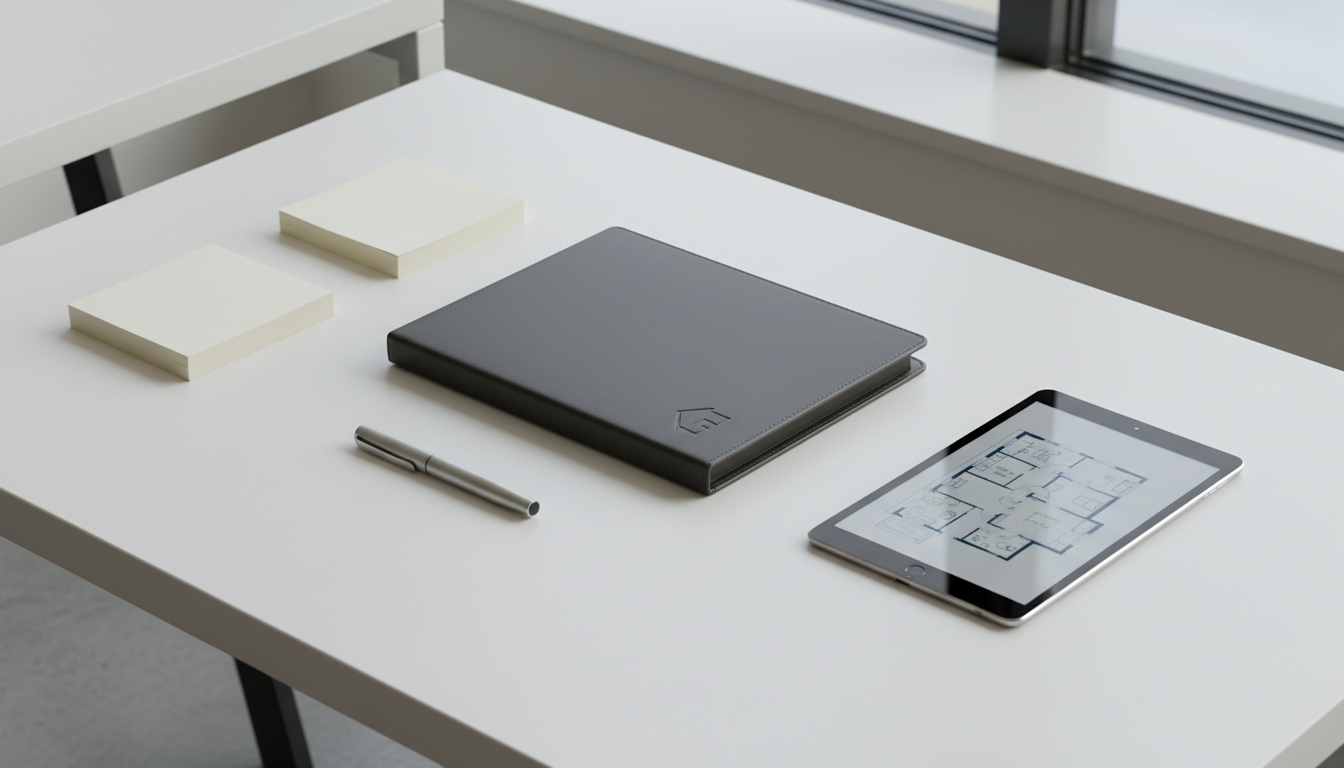 A sleek, modern workspace featuring a closed dark grey leather-bound folder embossed with a subtle, minimalist house logo, lying flat atop a matte white desk with clean lines and balanced symmetry. The folder is surrounded by neatly arranged neutral-toned stationary—anodized silver pen, a stack of cream notecards, and a slim, high-resolution tablet displaying property floorplans. The scene is bathed in diffused natural daylight from an unseen window, casting soft, crisp shadows and giving the image a calm yet determined atmosphere. Photographed from a slightly elevated angle with sharp focus throughout, the composition is structured, uncluttered, and exudes a sophisticated corporate aesthetic, perfectly aligning with professional real estate coaching.