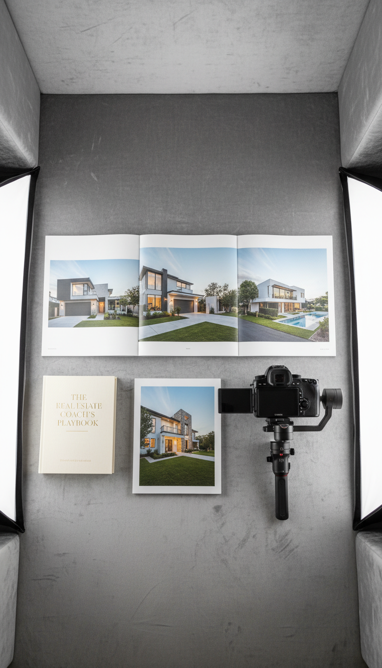 A curated collection of high-end visual marketing materials, including glossy, full-bleed property photographs, a professional-quality video camera with a stabilizing gimbal, and a neutral-toned hardcover coaching manual, all neatly positioned on a soft grey velvet backdrop. The setting is refined yet understated, with balanced artificial softbox lighting ensuring true-to-life colors and gentle shadow definition for a premium, trustworthy feel. A symmetrical, slightly overhead composition provides focus and clarity, emphasizing the meticulous attention to detail. The artistic style is clean, structured, and photorealistic, supporting the credibility and professionalism of a real estate coaching service.