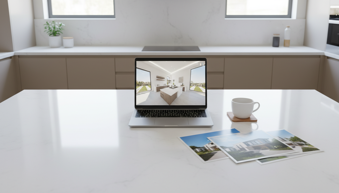 An immaculate, professionally staged kitchen with gleaming white quartz countertops and subtle taupe cabinetry, arranged in a symmetrical, inviting layout. Centered on the island is an open silver laptop displaying a virtual walkthrough of a property, next to a pristine stack of high-gloss property photos and a neutral-toned ceramic cup. Ambient daylight softly illuminates the scene from above, creating cool, balanced highlights with gentle, defined shadows that lend structure and depth. The composition uses the rule of thirds for a pleasing, harmonious effect. The mood is polished and empowering, with a photographic realism and clean, corporate feel—ideal for showcasing the technical and aesthetic benefits of real estate coaching services.